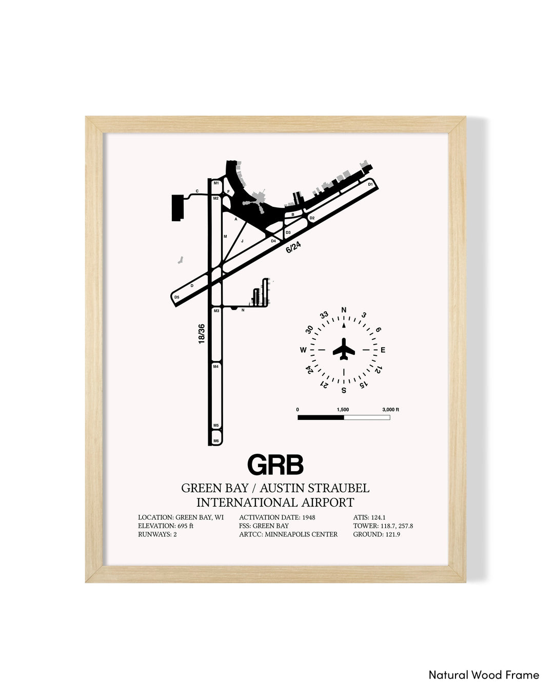 Detailed Airport Map of Green Bay/Austin Straubel International Airport (GRB) in White with a Natural Frame