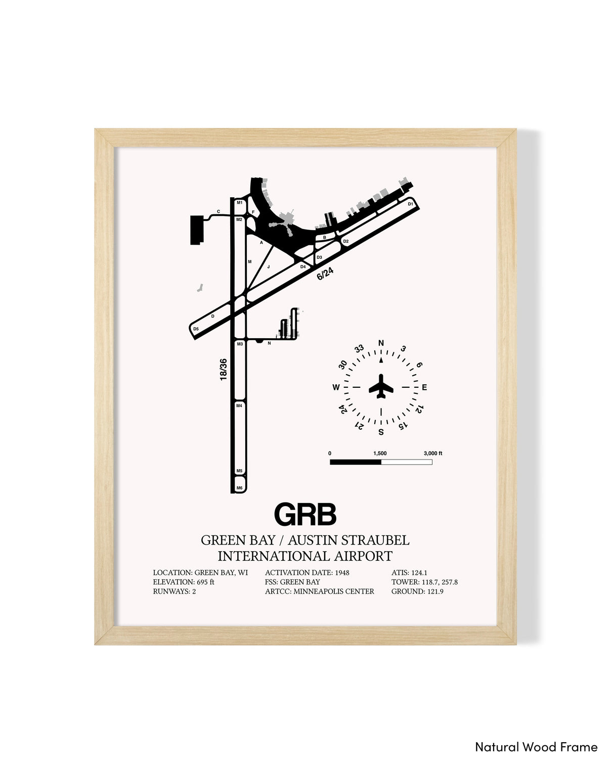 Detailed Airport Map of Green Bay/Austin Straubel International Airport (GRB) in White with a Natural Frame