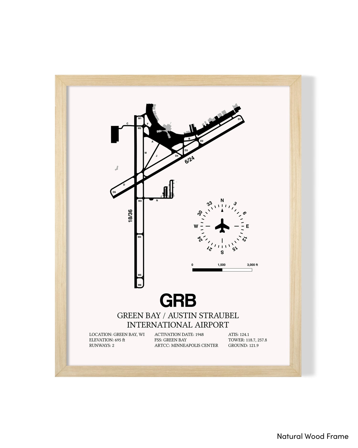 Detailed Airport Map of Green Bay/Austin Straubel International Airport (GRB) in White with a Natural Frame