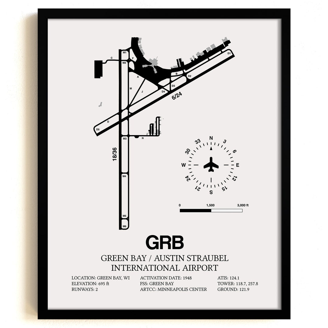 Framed Detailed Airport Map of Green Bay/Austin Straubel International Airport (GRB) in White with a Black Frame