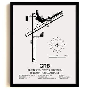 Framed Detailed Airport Map of Green Bay/Austin Straubel International Airport (GRB) in White with a Black Frame