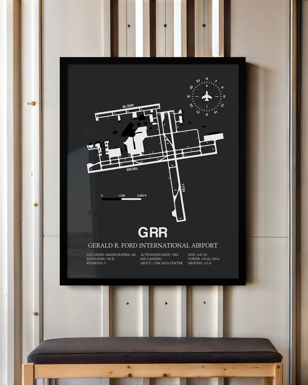Framed Detailed Airport Map of Gerald R. Ford International Airport (GRR) in Gray with a Black Frame