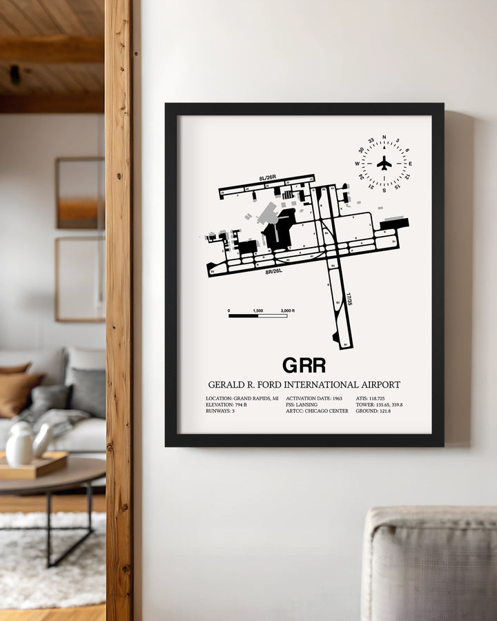 Framed Detailed Airport Map of Gerald R. Ford International Airport (GRR) in White with a Black Frame