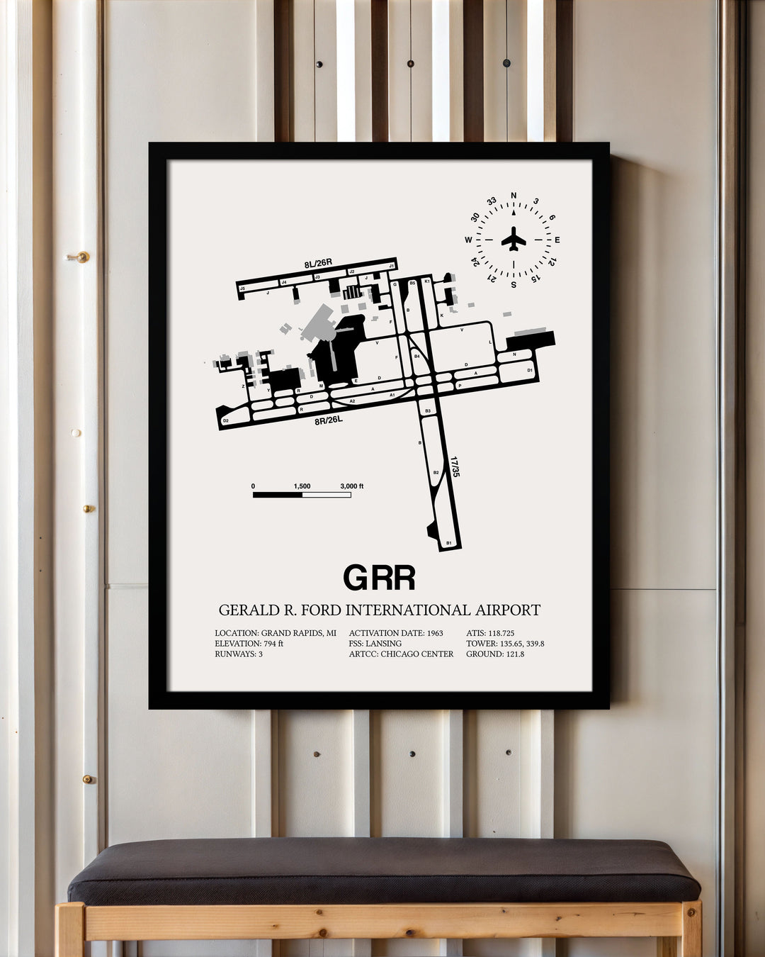 Framed Detailed Airport Map of Gerald R. Ford International Airport (GRR) in White with a Black Frame