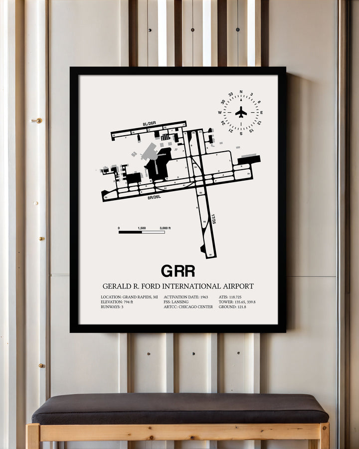 Framed Detailed Airport Map of Gerald R. Ford International Airport (GRR) in White with a Black Frame