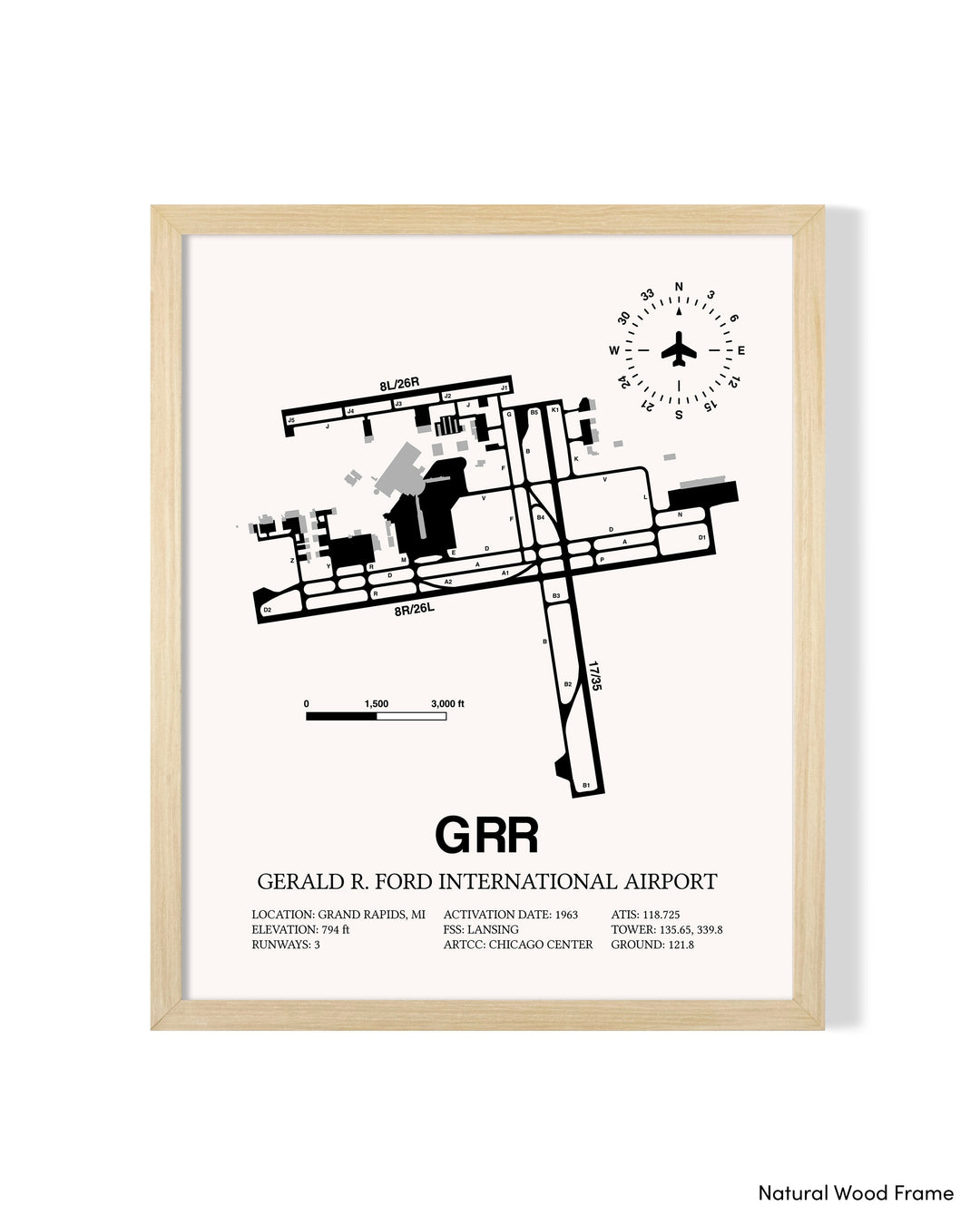 Detailed Airport Map of Gerald R. Ford International Airport (GRR) in White with a Natural Frame