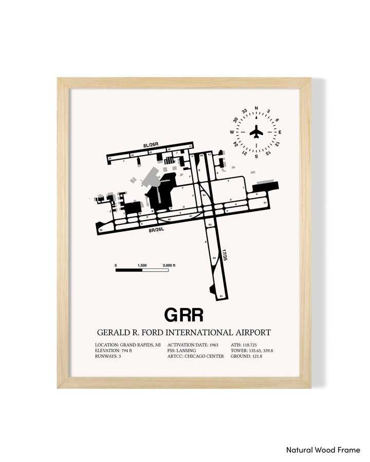 Detailed Airport Map of Gerald R. Ford International Airport (GRR) in White with a Natural Frame
