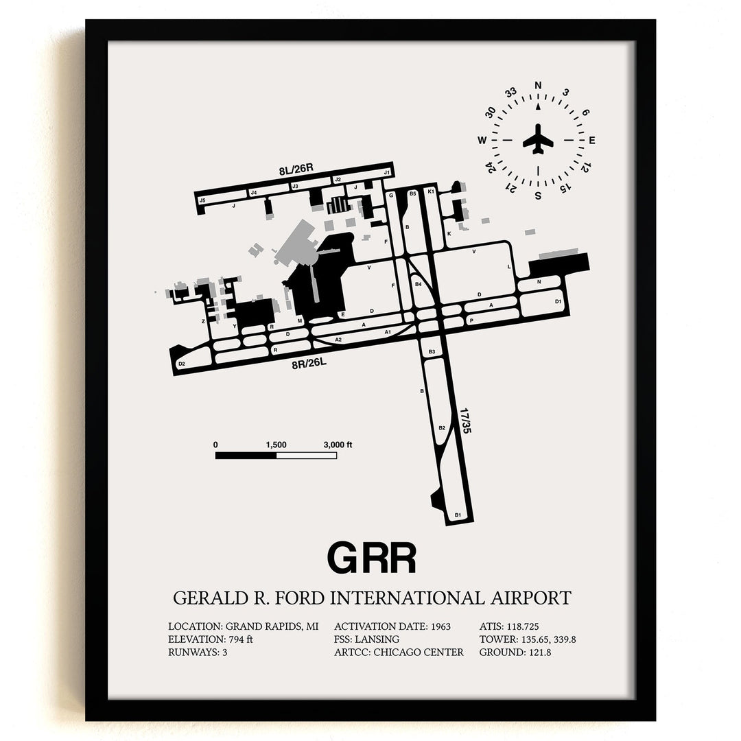 Framed Detailed Airport Map of Gerald R. Ford International Airport (GRR) in White with a Black Frame