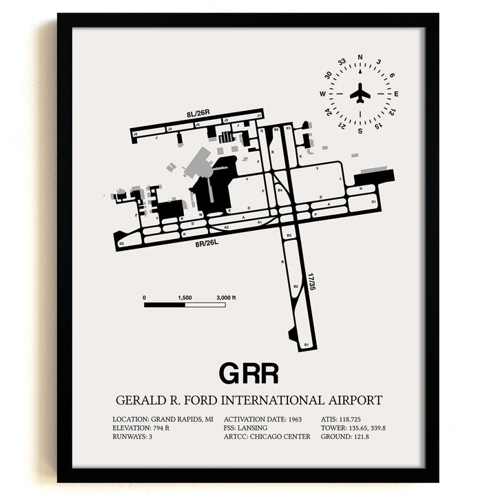 Framed Detailed Airport Map of Gerald R. Ford International Airport (GRR) in White with a Black Frame