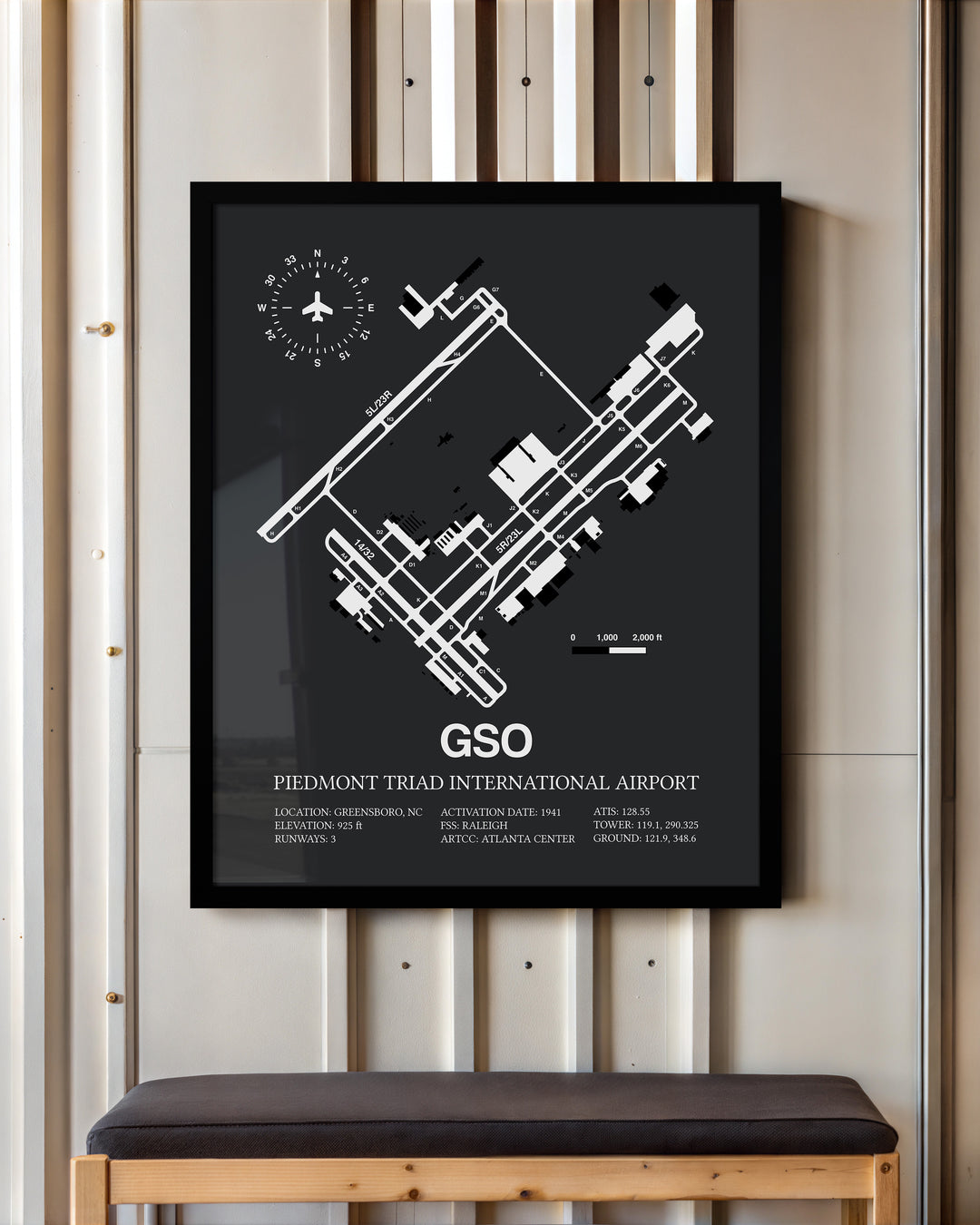 Framed Detailed Airport Map of Piedmont Triad International Airport (GSO) in Gray with a Black Frame