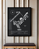 Framed Detailed Airport Map of Piedmont Triad International Airport (GSO) in Gray with a Black Frame