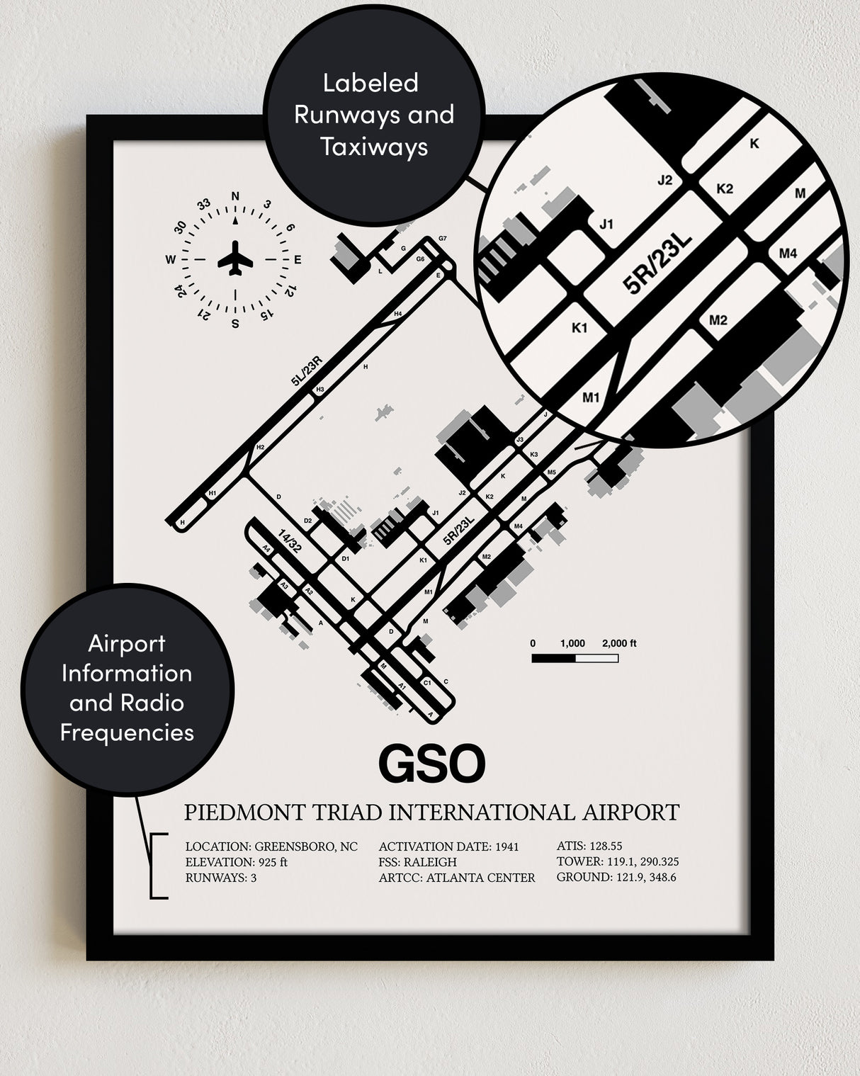 Framed Detailed Airport Map of Piedmont Triad International Airport (GSO) in White with a Black Frame