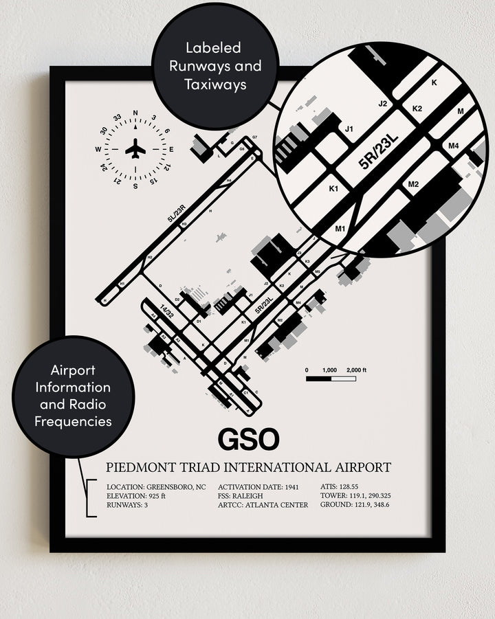 Framed Detailed Airport Map of Piedmont Triad International Airport (GSO) in White with a Black Frame