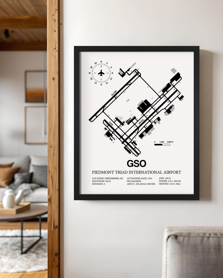 Framed Detailed Airport Map of Piedmont Triad International Airport (GSO) in White with a Black Frame