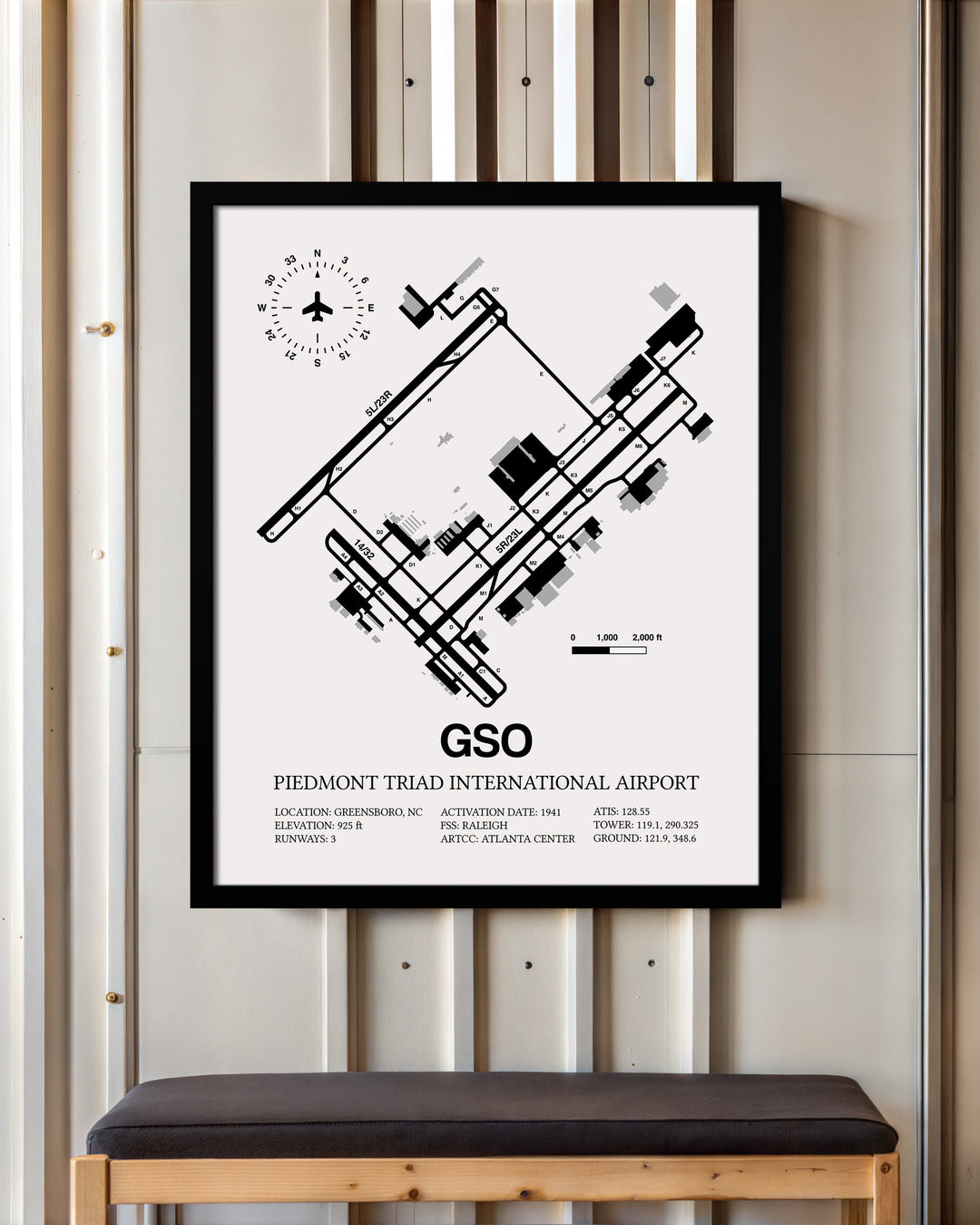 Framed Detailed Airport Map of Piedmont Triad International Airport (GSO) in White with a Black Frame
