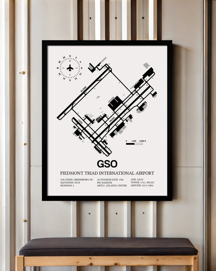 Framed Detailed Airport Map of Piedmont Triad International Airport (GSO) in White with a Black Frame