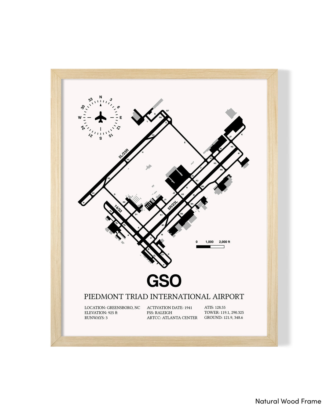 Detailed Airport Map of Piedmont Triad International Airport (GSO) in White with a Natural Frame