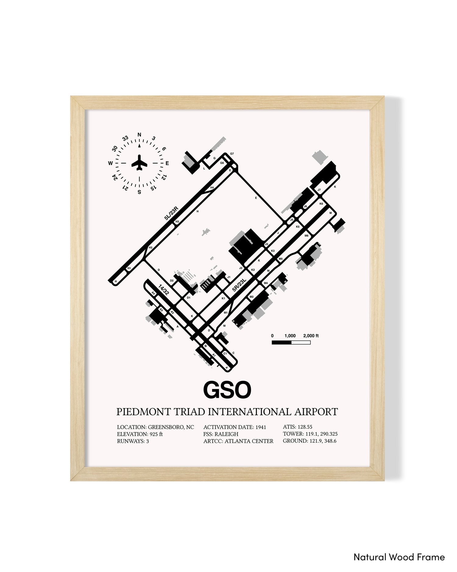 Detailed Airport Map of Piedmont Triad International Airport (GSO) in White with a Natural Frame