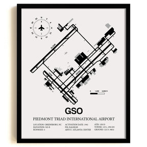 Framed Detailed Airport Map of Piedmont Triad International Airport (GSO) in White with a Black Frame