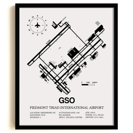 Framed Detailed Airport Map of Piedmont Triad International Airport (GSO) in White with a Black Frame