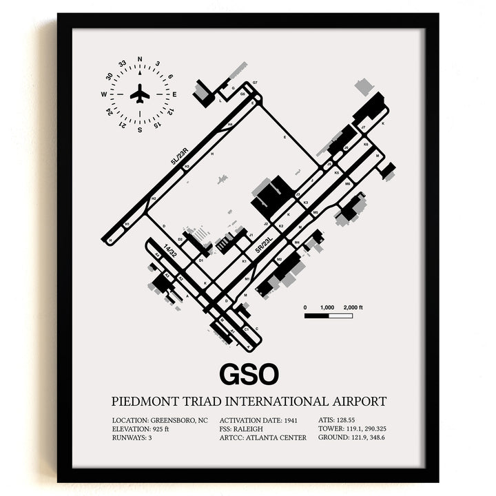 Framed Detailed Airport Map of Piedmont Triad International Airport (GSO) in White with a Black Frame