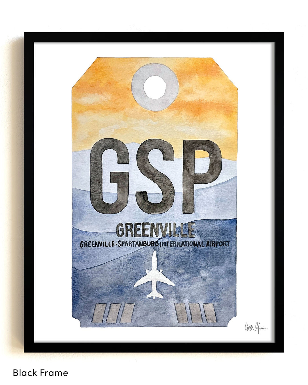 Framed Watercolor Print of Greenville-Spartanburg International Airport (GSP) with a Black Frame