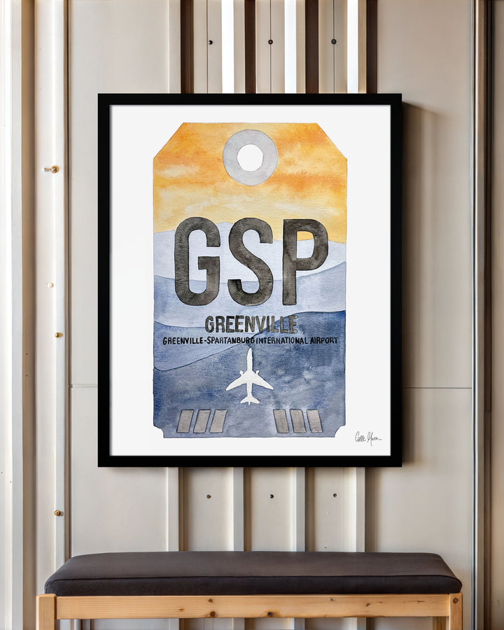 Framed Watercolor Print of Greenville-Spartanburg International Airport (GSP) with a Black Frame