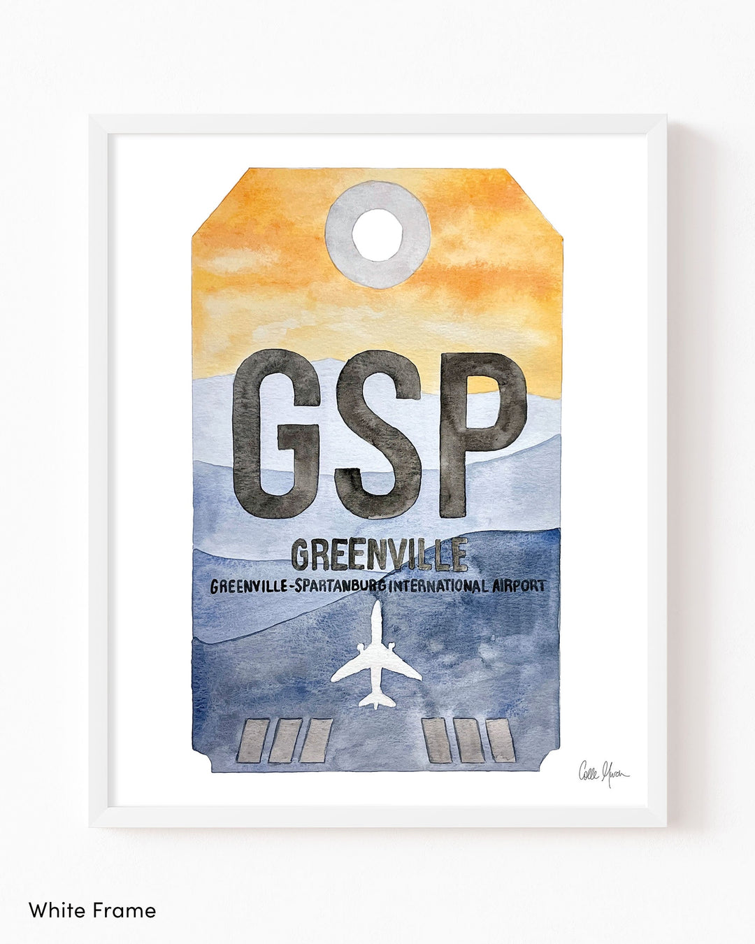 Framed Watercolor Print of Greenville-Spartanburg International Airport (GSP) with a White Frame