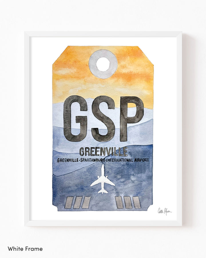 Framed Watercolor Print of Greenville-Spartanburg International Airport (GSP) with a White Frame