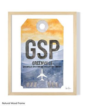 Framed Watercolor Print of Greenville-Spartanburg International Airport (GSP) with a Natural Wood Frame