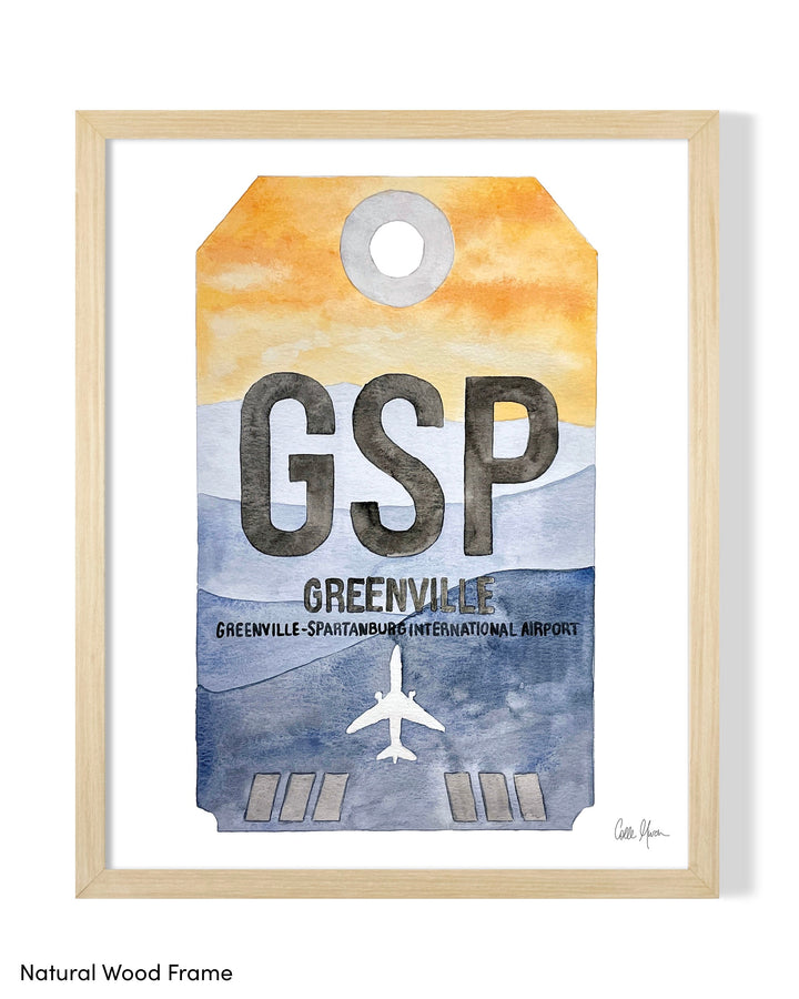 Framed Watercolor Print of Greenville-Spartanburg International Airport (GSP) with a Natural Wood Frame
