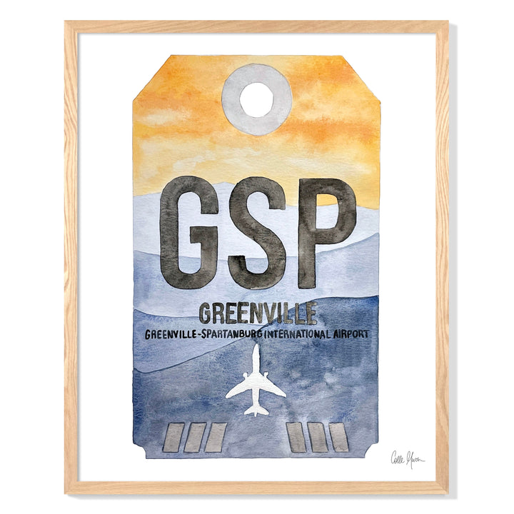 Framed Watercolor Print of Greenville-Spartanburg International Airport (GSP) with an Oak Frame