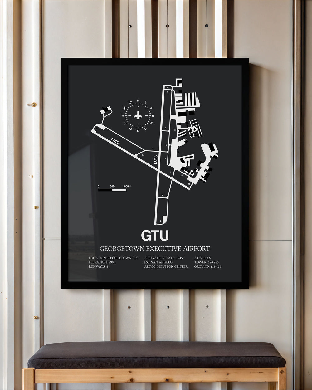 Framed Detailed Airport Map of Georgetown Executive Airport (GTU) in Gray with a Black Frame