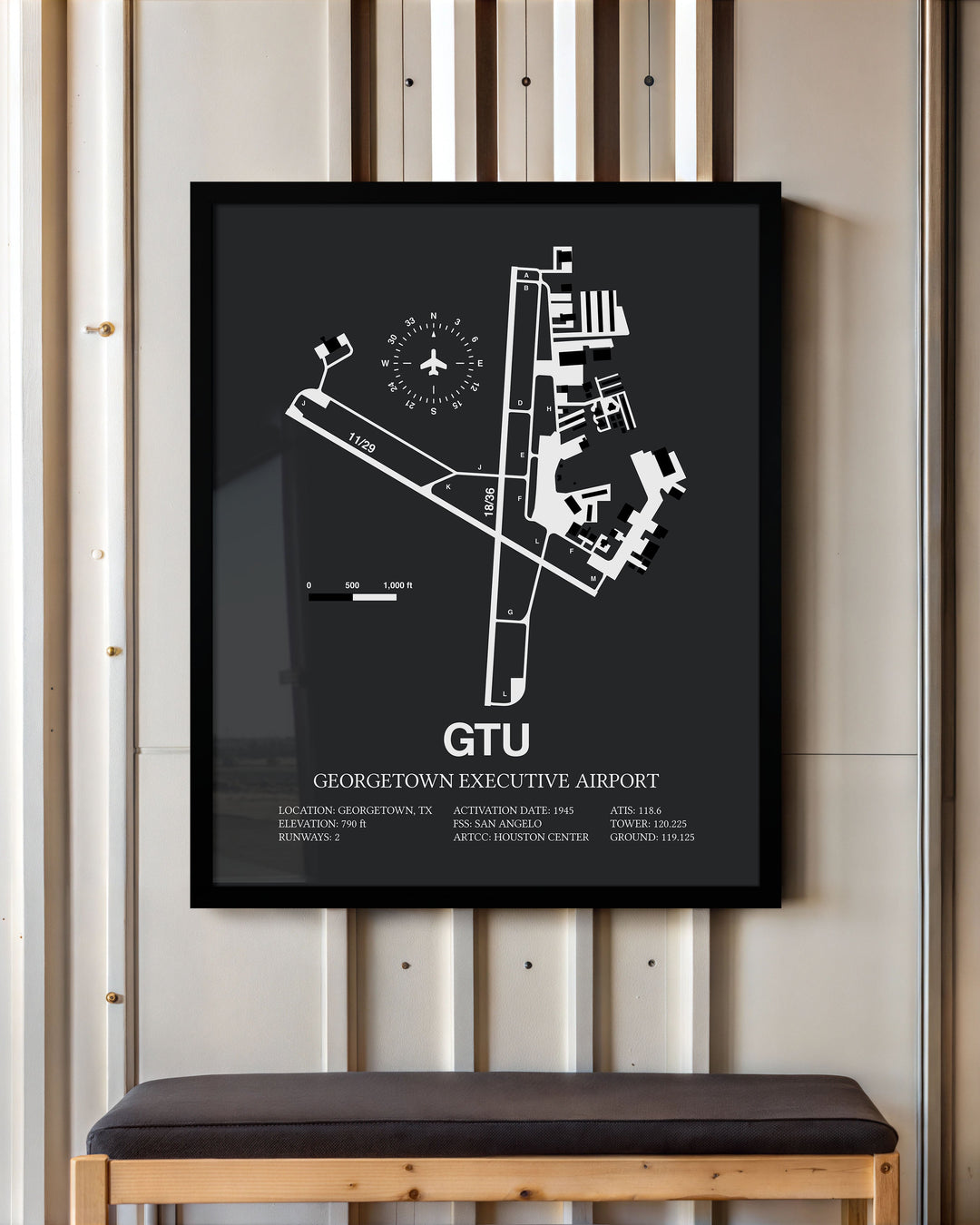 Framed Detailed Airport Map of Georgetown Executive Airport (GTU) in Gray with a Black Frame