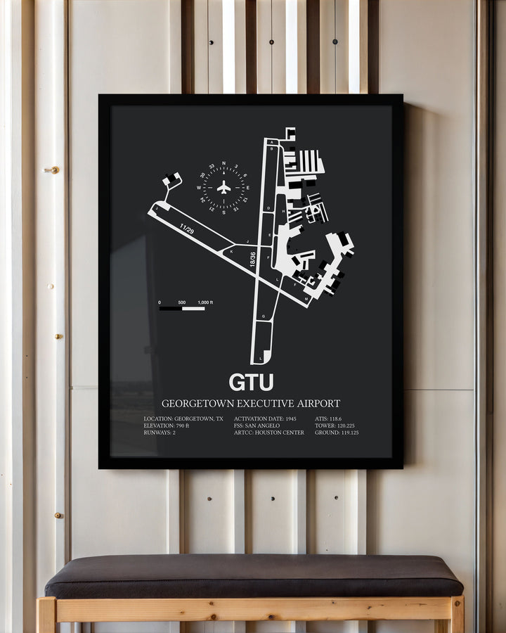Framed Detailed Airport Map of Georgetown Executive Airport (GTU) in Gray with a Black Frame
