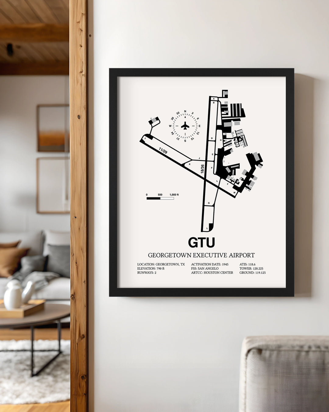 Framed Detailed Airport Map of Georgetown Executive Airport (GTU) in White with a Black Frame
