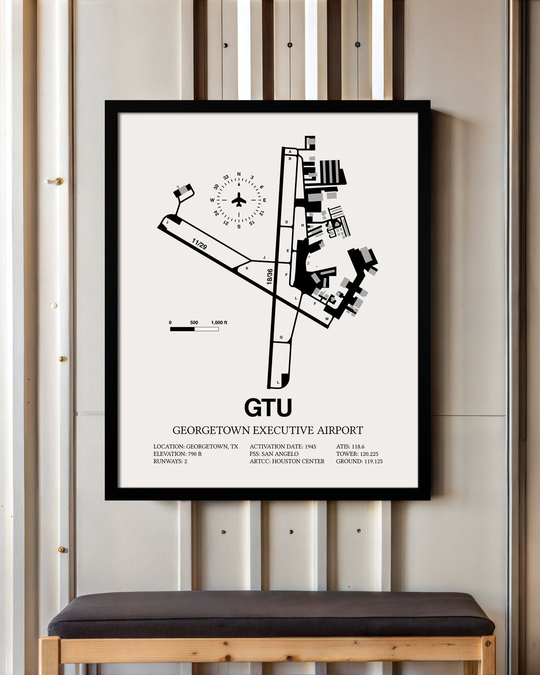 Framed Detailed Airport Map of Georgetown Executive Airport (GTU) in White with a Black Frame