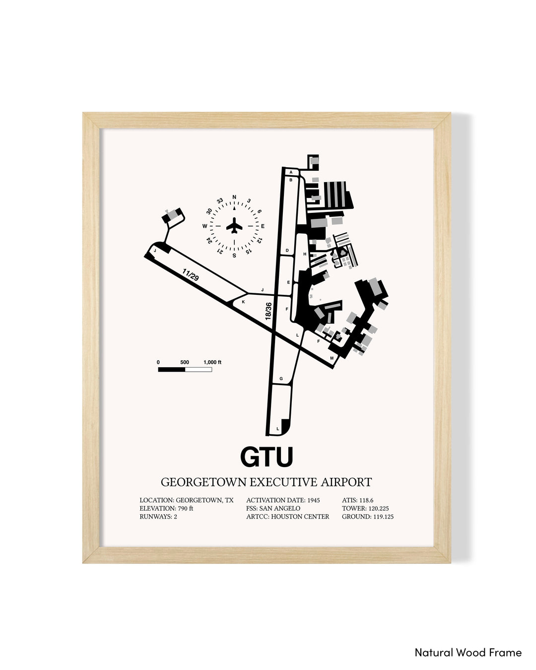 Detailed Airport Map of Georgetown Executive Airport (GTU) in White with a Natural Frame