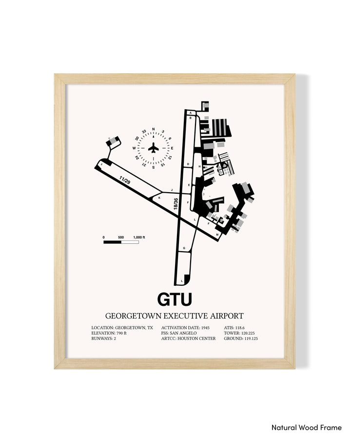 Detailed Airport Map of Georgetown Executive Airport (GTU) in White with a Natural Frame
