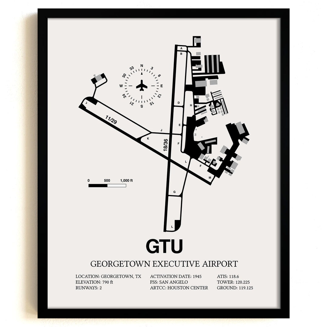 Framed Detailed Airport Map of Georgetown Executive Airport (GTU) in White with a Black Frame