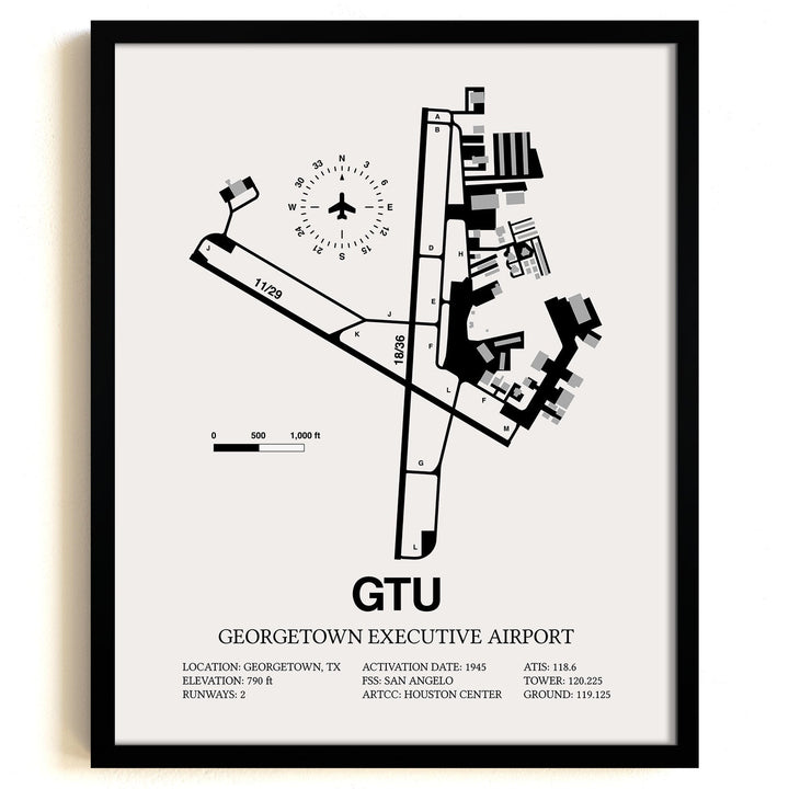 Framed Detailed Airport Map of Georgetown Executive Airport (GTU) in White with a Black Frame