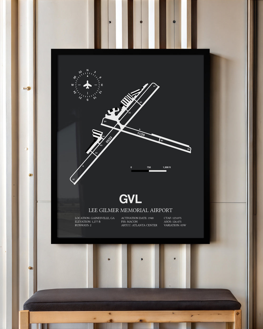 Framed Detailed Airport Map of Lee Gilmer Memorial Airport (GVL) in Gray with a Black Frame
