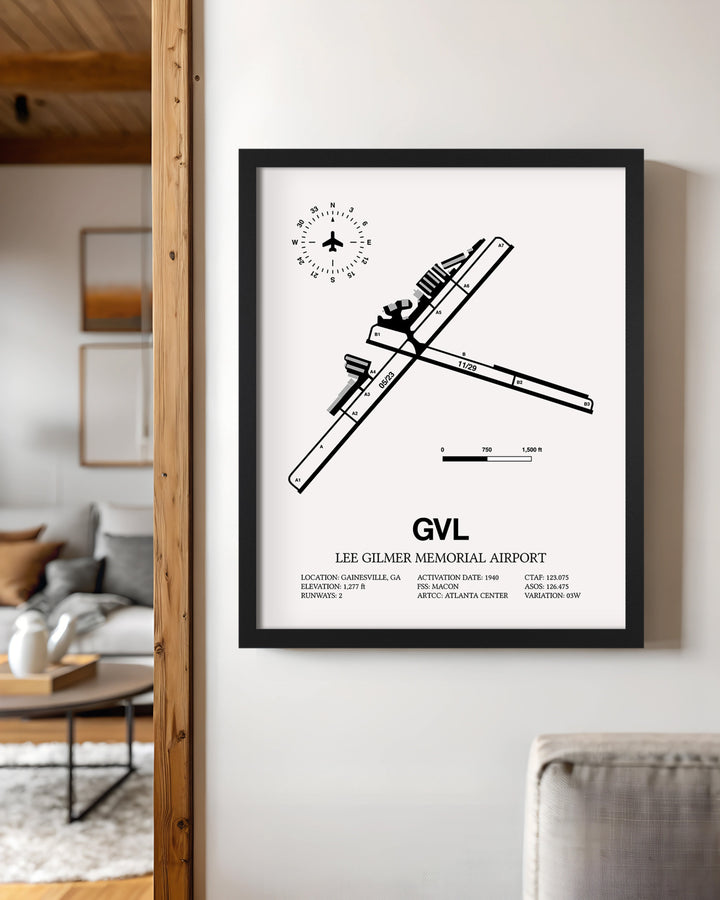 Framed Detailed Airport Map of Lee Gilmer Memorial Airport (GVL) in White with a Black Frame