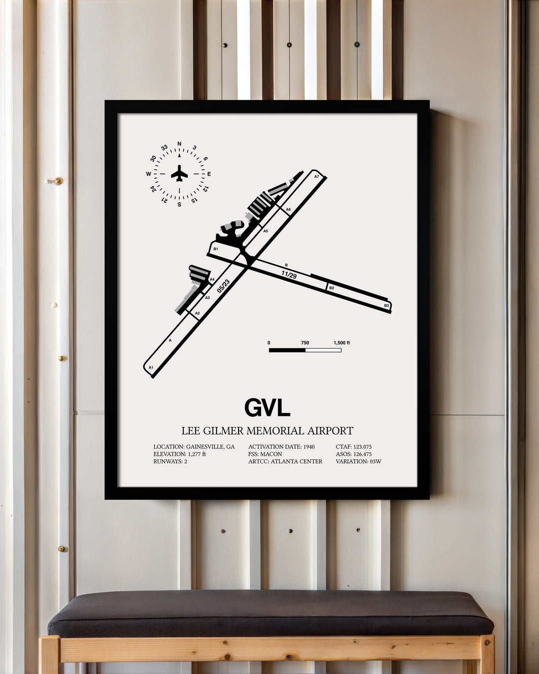 Framed Detailed Airport Map of Lee Gilmer Memorial Airport (GVL) in White with a Black Frame