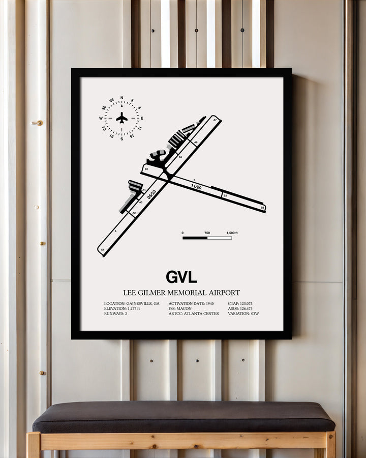 Framed Detailed Airport Map of Lee Gilmer Memorial Airport (GVL) in White with a Black Frame