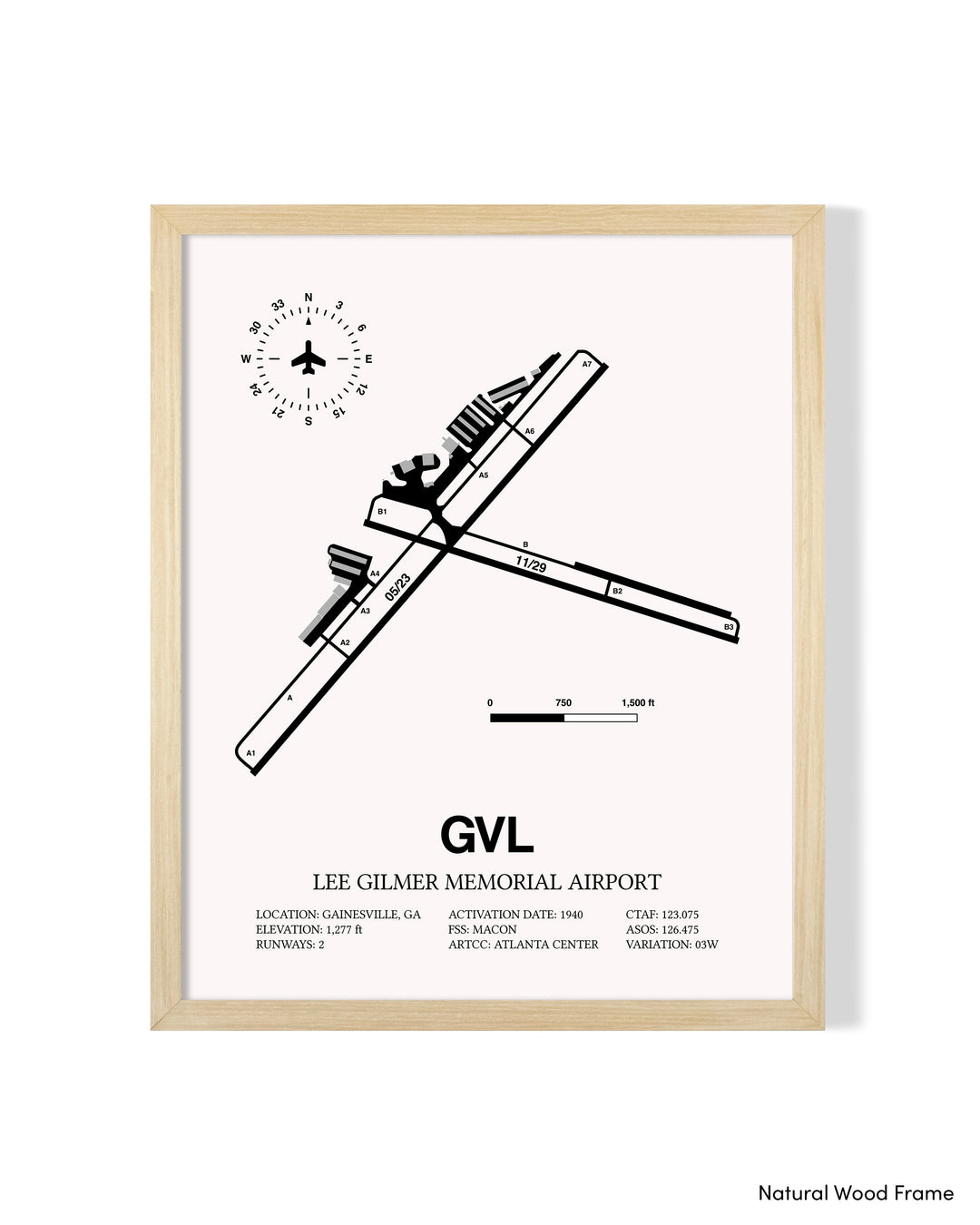 Detailed Airport Map of Lee Gilmer Memorial Airport (GVL) in White with a Natural Frame