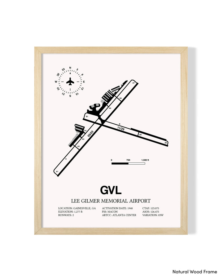 Detailed Airport Map of Lee Gilmer Memorial Airport (GVL) in White with a Natural Frame