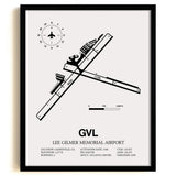 Framed Detailed Airport Map of Lee Gilmer Memorial Airport (GVL) in White with a Black Frame