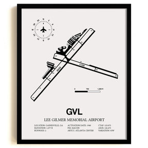 Framed Detailed Airport Map of Lee Gilmer Memorial Airport (GVL) in White with a Black Frame