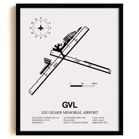 Framed Detailed Airport Map of Lee Gilmer Memorial Airport (GVL) in White with a Black Frame